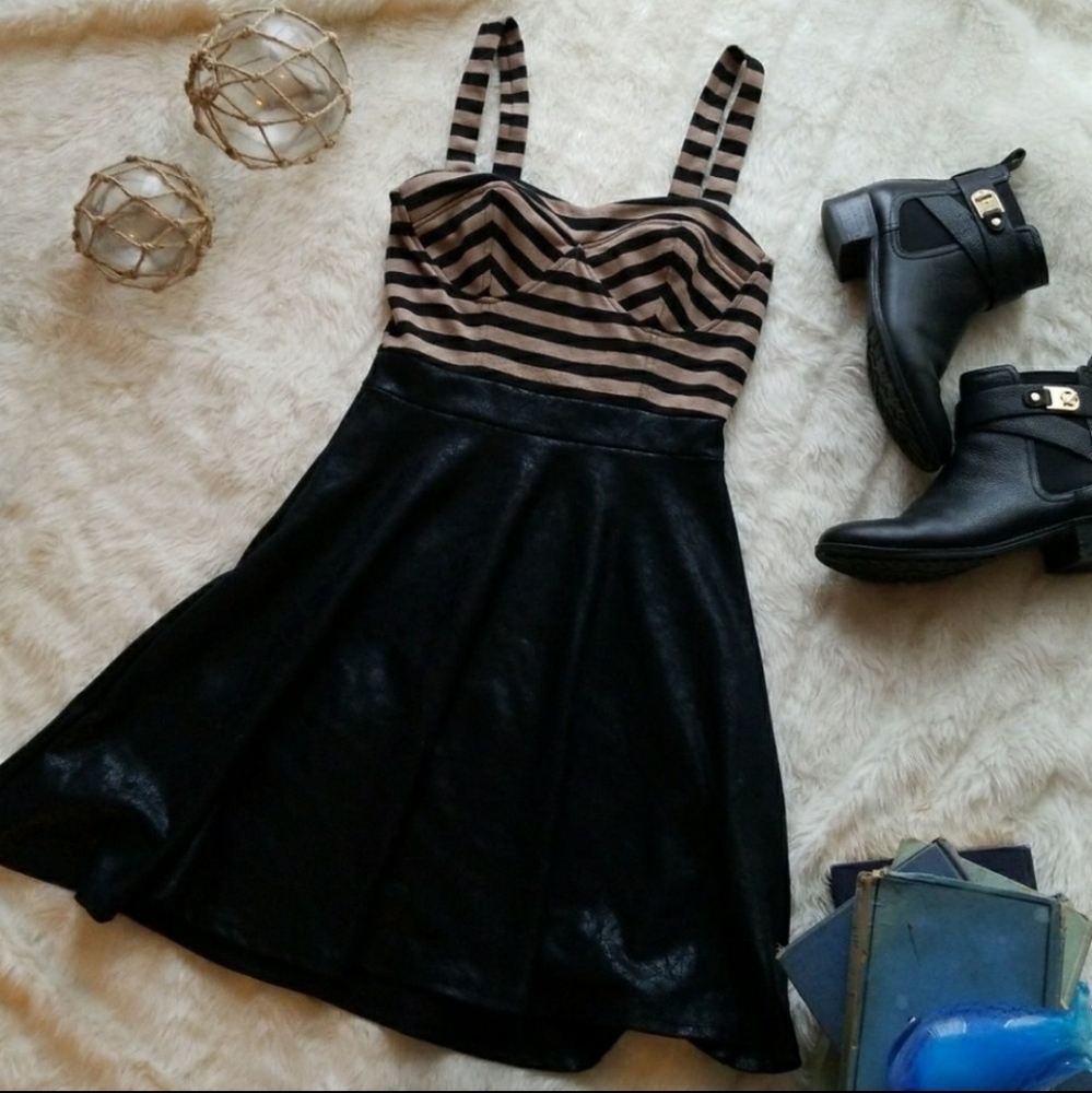 Living Doll Striped Black Tan Mocha Strap Dress Faux Leather Dress Size X Small